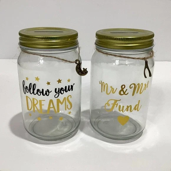 Pair of Glass Screw Top Jar Coin Banks Dreams Wedding w/ Charms NEW - Picture 1 of 6